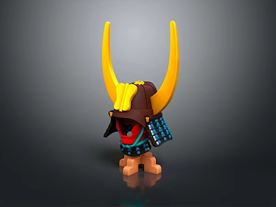 Commercial Equipment Samurai Helmet Design Miniature Model With Yellow Horns And Brown Blue Details 3d model