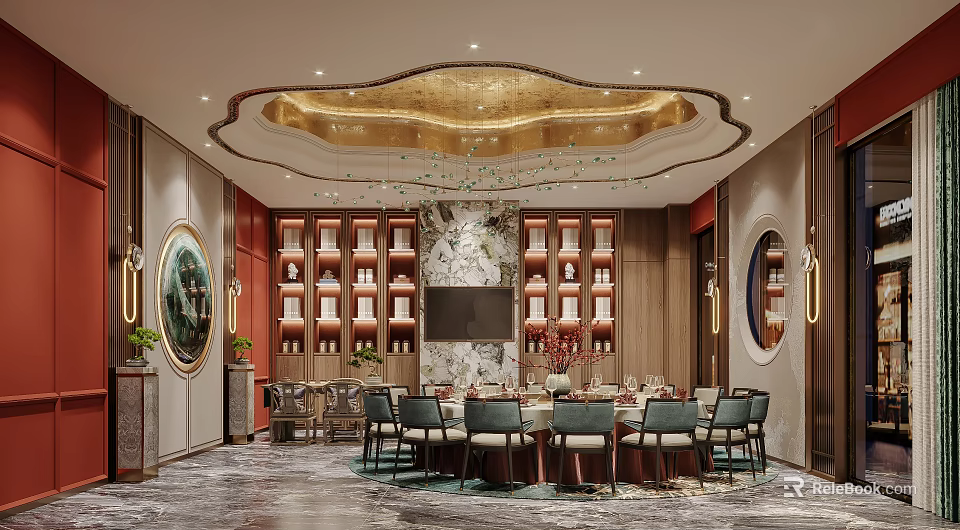 Luxury Private Dining Room With Round Table And Decor 3d model