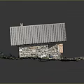 Rustic Wooden Cabin With Stone Walls Corrugated Metal Roof Wooden Framed Window And Greenery Rocks
