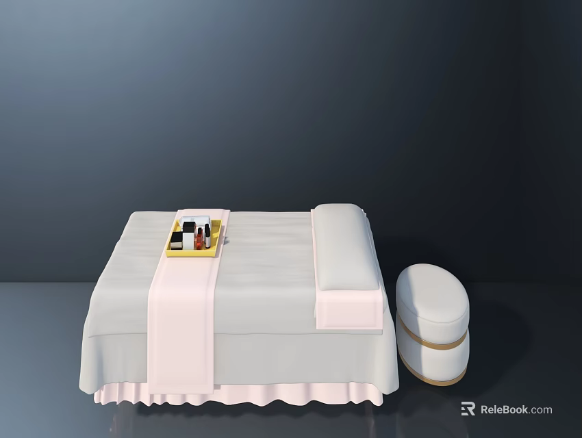 Soft Toned Massage Bed with Tray Holding Items and Small Round Stool 3d model 