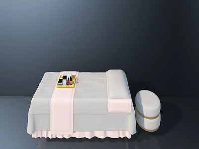 Soft Toned Massage Bed with Tray Holding Items and Small Round Stool 3d model
