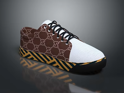 Casual Sneakers With Brown Pattern White Upper Black Laces And Yellow Black Striped Sole 3d model