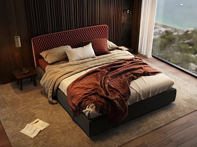 Double Bed with Red Tufted Headboard Pillows and Blankets Wooden Wall Sea View Window 3d model