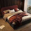 Double Bed with Red Tufted Headboard Pillows and Blankets Wooden Wall Sea View Window