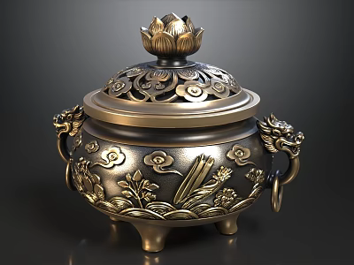 Elegant Vintage Carved Brass Chinese Incense Burner With Lotus Top Knob And Delicate Dragon Handles 3d model