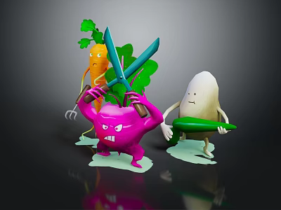 3D Rendered Anthropomorphic Vegetable Dolls With Expressive Faces Limbs Tools And Green Leaves 3d model