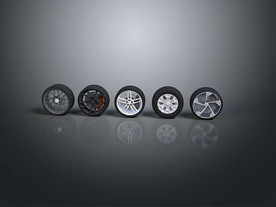 Various Car Tires With Different Alloy Rim Designs On Reflective Surface 3d model