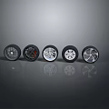 Various Car Tires With Different Alloy Rim Designs On Reflective Surface 3d model