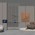 Modern Interior With Grid Glass Partition Striped Armchair Abstract Artwork Shelf And Moon Model