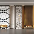 Modern Luxury Fireplace Design With Marble Patterned Walls And Gold Metal Accents