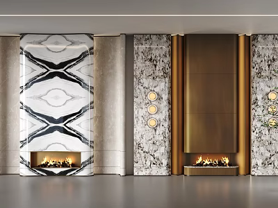 Modern Luxury Fireplace Design With Marble Patterned Walls And Gold Metal Accents 3d model