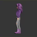 Woman With Purple Curly Hair In Purple Jacket White Top Gray Ripped Jeans And Boots