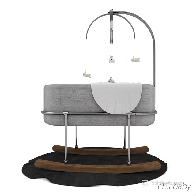 Gray Upholstered Baby Crib With Arched Frame Wooden Rocking Base And Hanging Rabbit Toys 3d model 