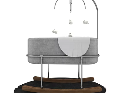 Gray Upholstered Baby Crib With Arched Frame Wooden Rocking Base And Hanging Rabbit Toys 3d model