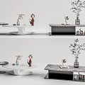 Modern Curved And Rectangular Coffee Table Designs With Marble Top Vase Statue And Plant Decor 3d model