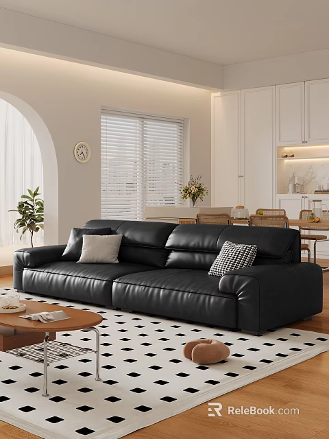 Modern Living Dining Room with Black Leather Sofa Coffee Table Pillows Plant and Wall Clock 3d model 