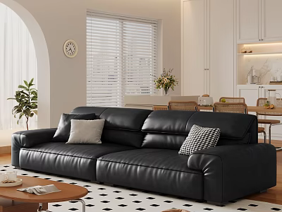 Modern Living Dining Room with Black Leather Sofa Coffee Table Pillows Plant and Wall Clock 3d model