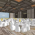 Formal Banquet Hall With White Chairs Tables Yellow Floral Centerpieces Projection Screen And Ceiling Lights