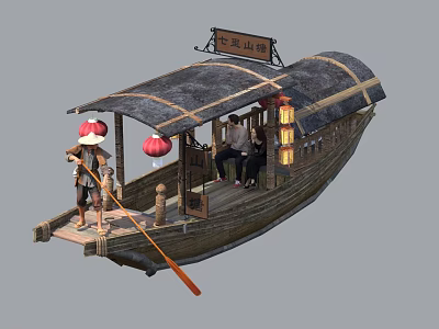 Traditional Wooden Boat With Canopy Chinese Signboard Red Lanterns And Paddler 3d model