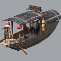Traditional Wooden Boat With Canopy Chinese Signboard Red Lanterns And Paddler