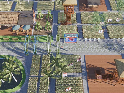 Scenic Rural Landscape With Green Farmland Traditional Cottage Palm Trees And Stone Pathway 3d model