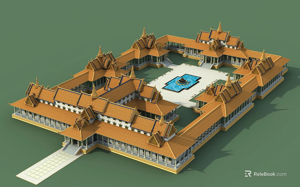 Ancient Architecture With Golden Roofs Multiple Curved Eaves And Central Courtyard 3d model 