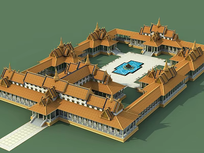 Ancient Architecture With Golden Roofs Multiple Curved Eaves And Central Courtyard 3d model