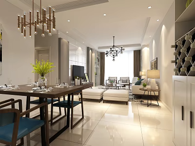 Modern Bright Open Plan Dining And Living Room With Warm Lighting And Comfortable Furniture 3d model