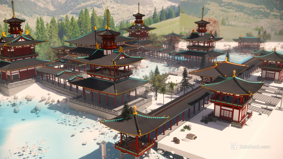 Traditional Chinese Ancient Architecture Pavilions Towers with Upturned Eaves by Waterfront Surrounded by Mountains Trees 3d model 
