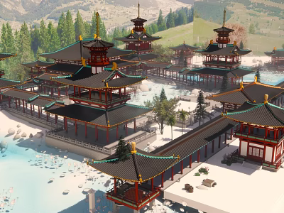 Traditional Chinese Ancient Architecture Pavilions Towers with Upturned Eaves by Waterfront Surrounded by Mountains Trees 3d model