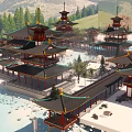 Traditional Chinese Ancient Architecture Pavilions Towers with Upturned Eaves by Waterfront Surrounded by Mountains Trees