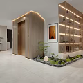 Modern Basement Interior With Sofa Fireplace Art Floor Lamp And Plants