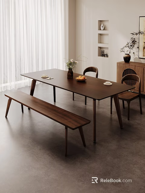Modern Dining Table Set With Bench Chairs Flower Vase And Fruit Platter 3d model 