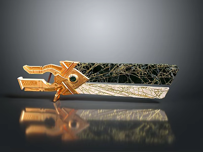 Ornate Golden Metal Decor With Black Cracked Surface Green Gem And Reflection Base 3d model