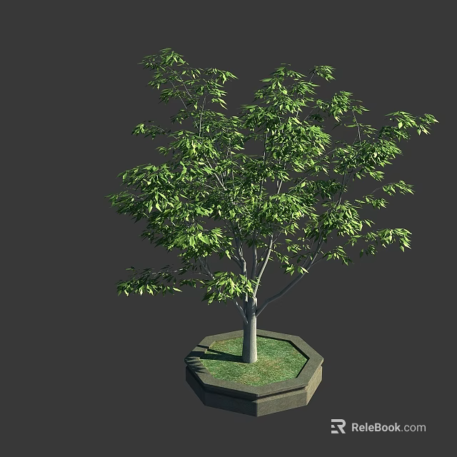 Lush Potted Arbor With Green Leaves Gray Trunk Grass And Hexagonal Pot 3d model 