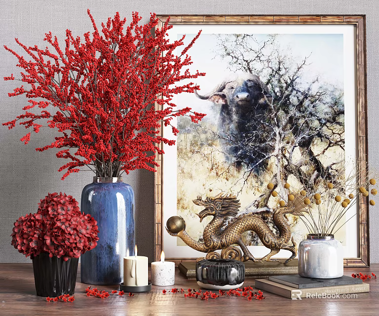 Elegant Decorative Ornament Set With Red Floral Arrangements Blue Vase Golden Dragon Artwork And Candles 3d model 