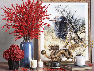 Elegant Decorative Ornament Set With Red Floral Arrangements Blue Vase Golden Dragon Artwork And Candles 3d model