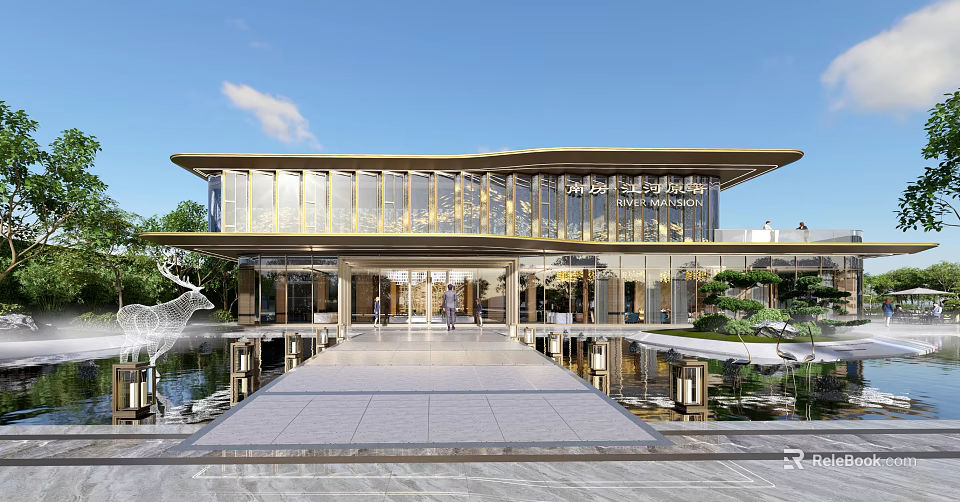 Elegant Modern Sales Office Building With Glass Curtain Walls Golden Frames And Front Water Feature 3d model