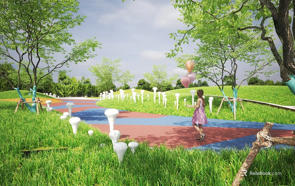 Scenic Park Landscape with Green Grass Trees Colorful Pathway Mushroom Decorations and Little Girl Walking 3d model 
