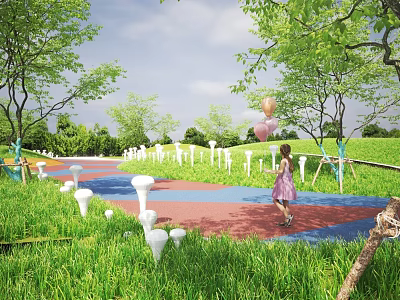 Scenic Park Landscape with Green Grass Trees Colorful Pathway Mushroom Decorations and Little Girl Walking 3d model