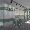 Green And White Clothing Store Interior With Glass Door And Fashion Displays