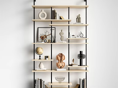 Modern Wooden Shelving Unit with Multiple Layers Displaying Decorative Vase Sculpture Globe and Books 3d model