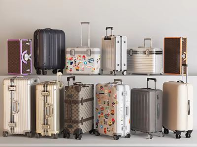 Various Design Suitcases With Different Colors Stickers Wheels And Telescopic Handles Displayed 3d model