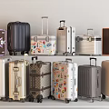 Various Design Suitcases With Different Colors Stickers Wheels And Telescopic Handles Displayed