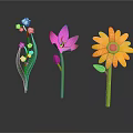Colorful Cartoon Flowers White Pink And Yellow Blooms With Green Stems Leaves On Dark Background