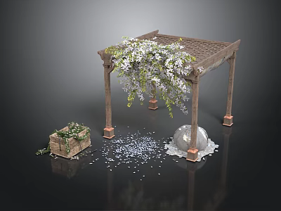Outdoor Pergola With White Flowers Greenery Decorative Box Crystal Ball And Petals 3d model