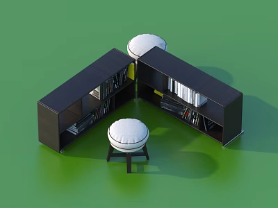 L Shaped Black Bookcase With Books And Stools With White Round Seats On Green Background 3d model