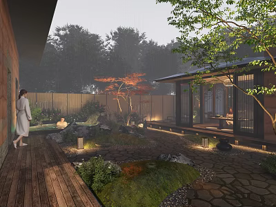 Traditional Japanese Courtyard Design With Wooden Pathway Stone Lantern And Greenery 3d model