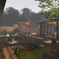 Traditional Japanese Courtyard Design With Wooden Pathway Stone Lantern And Greenery