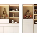 Modern Buddhist Shrine Cabinet With Buddha Statues Storage Drawers Decorative Items And Ambient Lighting
